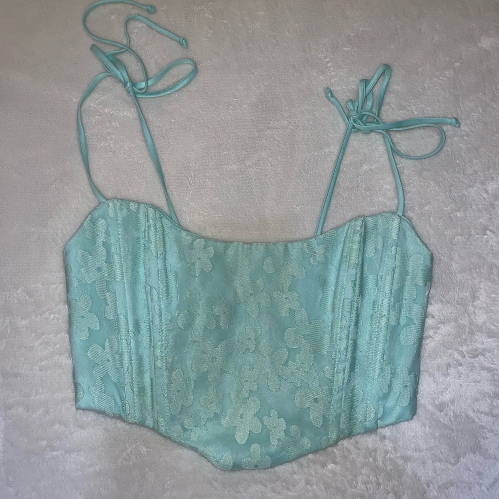 Blue corset top, strapless back
